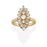 A Diamond Ring, the navette form set throughout with round brilliant cut diamonds, in yellow claw