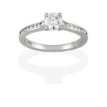 A Platinum Diamond Solitaire Ring, the round brilliant cut diamond in a claw setting, to a channel