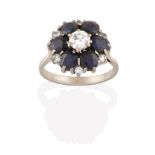 A Sapphire and Diamond Cluster Ring, the round brilliant cut diamond within a border of round cut