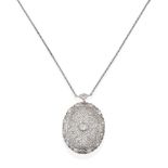 A Diamond Pendant Necklace, the white oval filigree pendant set throughout with round brilliant