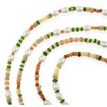 A Multi-Gemstone Bead Necklace, cultured pearls spaced by chrome diopside, fire opal, opal, peridot,