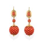 A Pair of Coral Drop Earrings, the oval cabochon coral in a yellow rubbed over setting within a