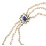 A Three Row Cultured Pearl Necklace, the 79:85:88 cultured pearls knotted to an oval clasp