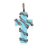 A Turquoise Coloured Glass and Diamond Cross Pendant, by Gavello, the turquoise coloured glass cross