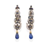 A Pair of Sapphire and Diamond Drop Earrings, each graduated drop set throughout with round cut