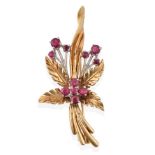 A 9 Carat Gold Ruby Brooch, realistically modelled as a floral spray, the yellow textured leaves