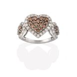 A 9 Carat White Gold Diamond Cluster Ring, the heart motif with round brilliant cut cognac