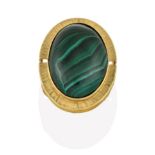 A Malachite Ring, the oval cabochon malachite in a yellow rubbed over setting to a further