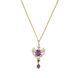 An Edwardian Suffragette Amethyst, Pearl and Enamel Pendant on Chain, of openwork scroll design,