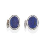 A Pair of Lapis Lazuli and Diamond Cufflinks, the oval lapis lazuli plaque within a border of