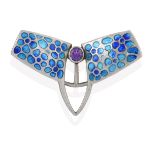 An Arts & Crafts Style Amethyst and Enamel Brooch, of abstract winged design, with a single round