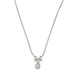 An 18 Carat White Gold Diamond Necklace, a trio of baguette cut diamonds suspend a round brilliant