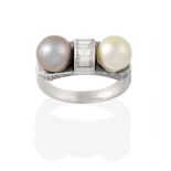 A Cultured Pearl and Diamond Ring, a line of six channel set baguette cut diamonds flanked by a grey