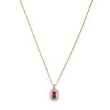 An 18 Carat Gold Synthetic Ruby and Diamond Cluster Pendant on Chain, the emerald-cut synthetic ruby