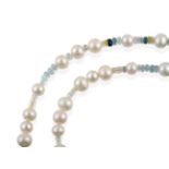 A Beryl and Cultured Pearl Necklace, faceted multi-coloured beryl roundel beads spaced by cultured