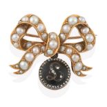 An Edwardian Split Pearl Brooch with Diamond Mourning Pendant, the bow motif set throughout with