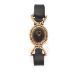 A Lady's 9 Carat Gold Wristwatch, signed Roy King, 1976, lever movement, black dial signed, oval