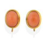 A Pair of Coral Earrings, the oval cabochon coral in yellow rubbed over settings, with screw