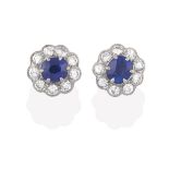 A Pair of Sapphire and Diamond Cluster Earrings, the oval cut sapphires within a border of round