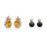 A Pair of Diamond and Banded Agate Drop Earrings, an old cut diamond in a yellow millegrain