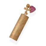 A Pink Sapphire Lipstick Holder, in the style of Ruser, the matted yellow cylindrical holder