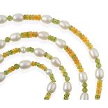 A Multi-Gemstone Bead Necklace, cultured pearls spaced by opal and peridot beads, length 95cm see