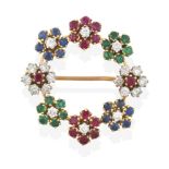 A Sapphire, Ruby, Emerald and Diamond Brooch, six round cut sapphire, ruby and emerald clusters with