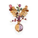 A Multi-Gemstone Brooch, by Mingardo, of giardinetto design, the vase formed of half amethyst and
