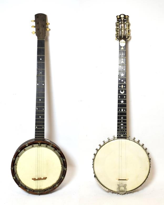 Banjo five string, 10 1/2'' head, open back, 31 lugs, various mother-of -pearl inlay shapes to