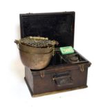 Beam Scales with two brass bowls and weights to 2lb by Avery in wooden box with brass plaque '