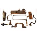 Various Woodworking Tools including wooden brace stamped 'J Wooden', two metal braces, gauge