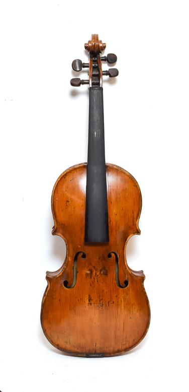 Violin 14'' two piece back, ebony fingerboard, no label, shows evidence of head/neck graft (cased