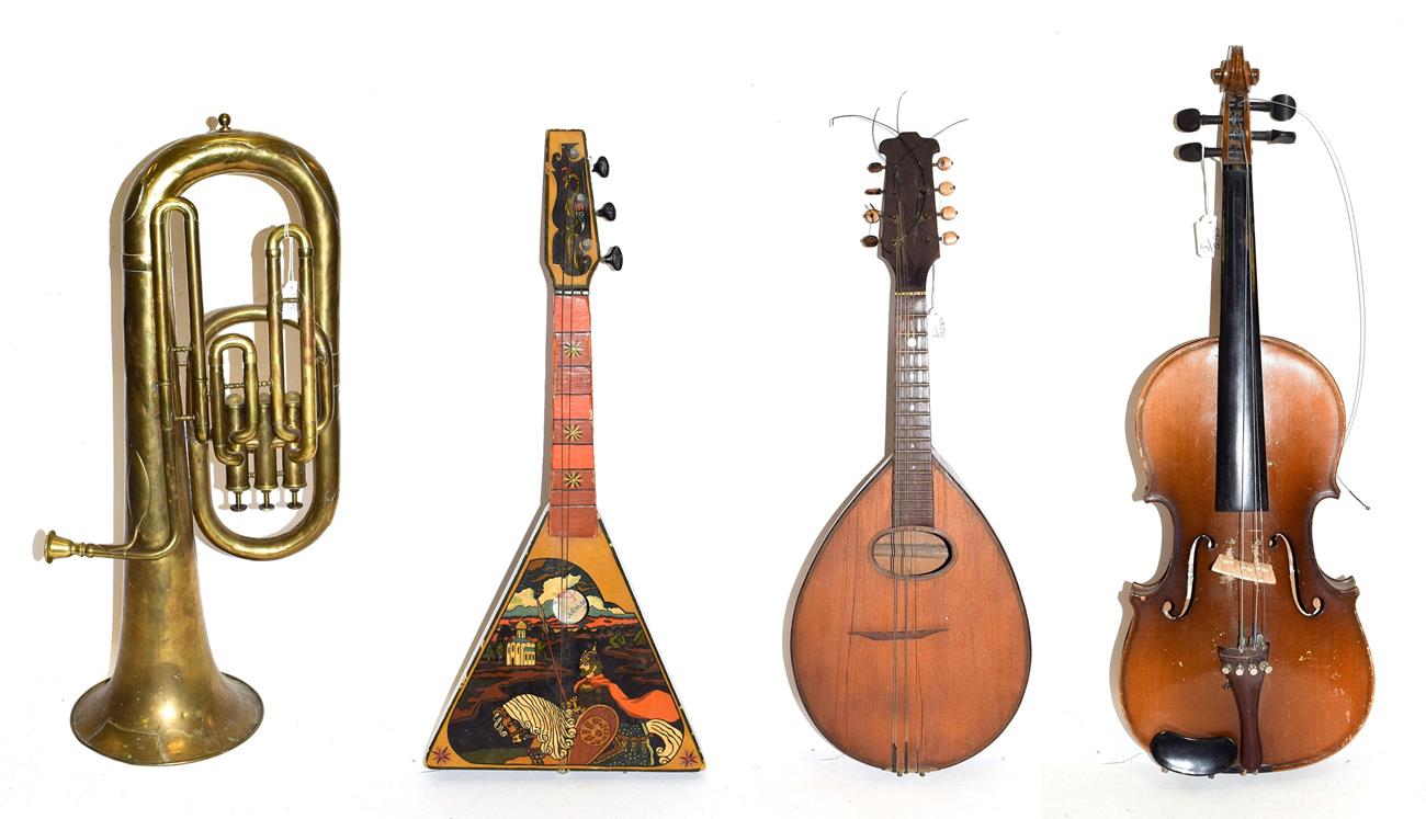 Various Instruments Flat back mandolin, no label, 17 frets, numerous cracks; Student violin