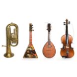 Various Instruments Flat back mandolin, no label, 17 frets, numerous cracks; Student violin