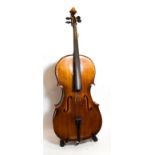 Cello 29 3/4'' two piece plywood back, labelled 'Imported by Leslie Sheppard (Foreign)' and 'Made in