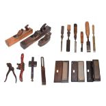 Various Woodworking Tools including four wooden block planes largest 22'', a further wooden plane,