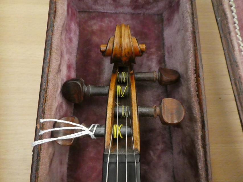 Violin 14 1/8'' two piece back, ebony fingerboard, labelled 'Nicolaus Amartus Cremonen Hieronymi - Image 4 of 6