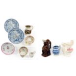 Two trays of 19th century ceramics including pearl ware, Toby jug, documentary jug, New Hall and
