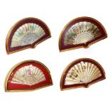 ~ Four fans each in a gilt framed wall hanging display case, including a silk example embroidered