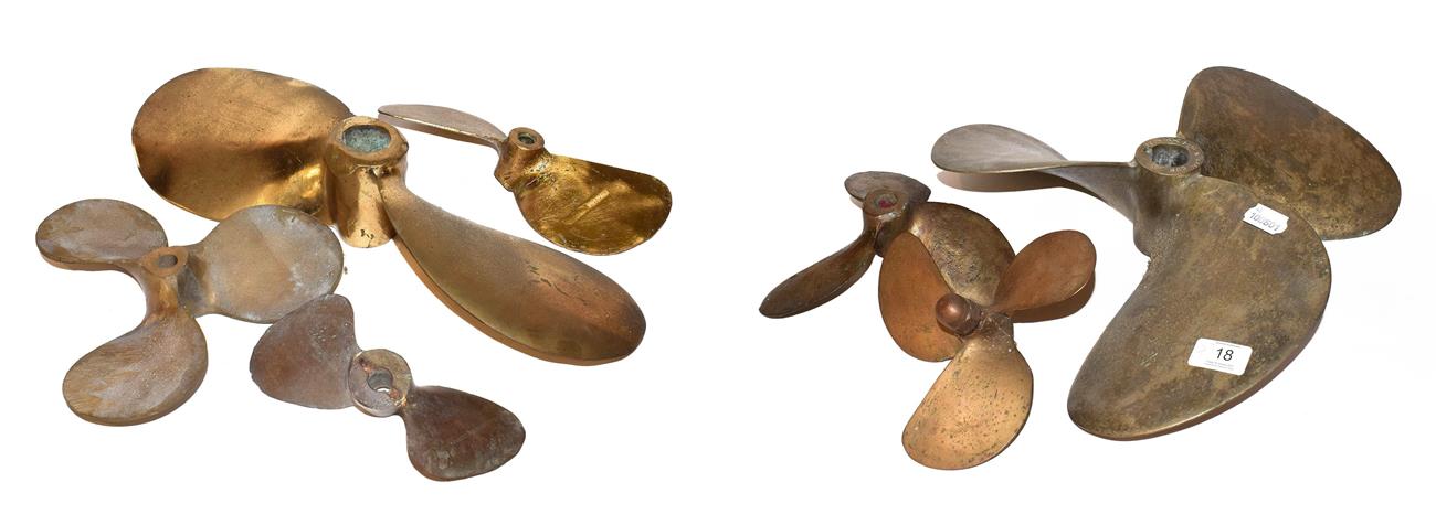 ~ A quantity of brass two and three blade boat propellers, largest 40cm wide (7)