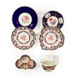 Six pieces of Derby porcelain including floral painted and Imari examples