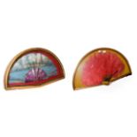 ~ Two fans in gilt framed wall hanging display cases, one faux tortoiseshell and ostrich feather,