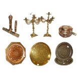 ~ A quantity of mainly Eastern brass and copper items, including three cylindrical scroll canisters,