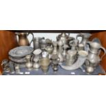~ A quantity of Continental pewter items, tankards, ewers and plates etc including Belgian,