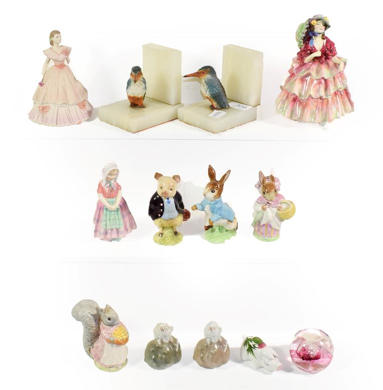 Royal Doulton ladies, Beswick Beatrix Potter figures, Royal Copenhagen model of a mouse, and a