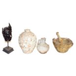 ~ A white marble mortar with wooden pestle, two shipwrecked terracotta vessels and a composite