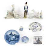 A tray of Royal Copenhagen dishes and Lladro figures etc
