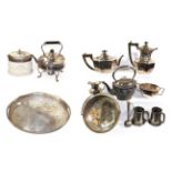 A group of 19th century and later silver plated tea and other wares including a spirit kettle and