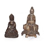 A bronze seated Buddah, 18cm high, unsigned, together with a metal seated Holy man, 24cm high,