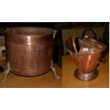 A large copper and brass log bucket, of cylindrical form on claw feet; together with an Edwardian